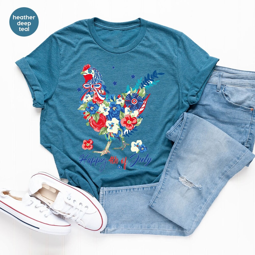 4th of July Chicken Shirt, Fourth of July T Shirt, Floral Chicken Graphic Tees, America Vneck Tshirts, Patriotic Mom Shirt, Gift for Her - 3.jpg