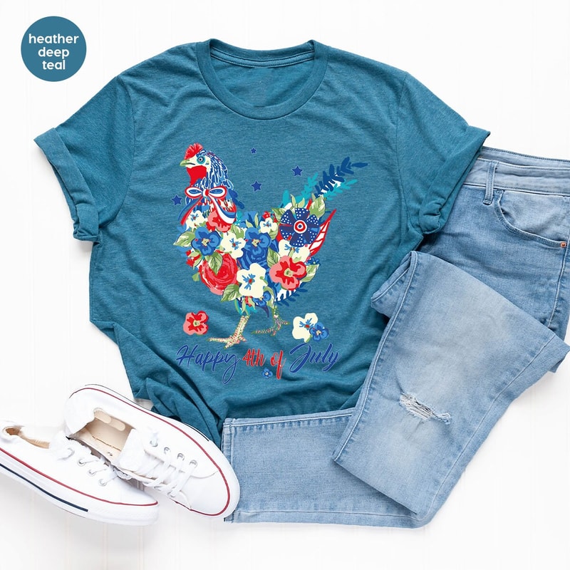 4th of July Chicken Shirt, Fourth of July T Shirt, Floral Chicken Graphic Tees, America Vneck Tshirts, Patriotic Mom Shirt, Gift for Her - 3.jpg