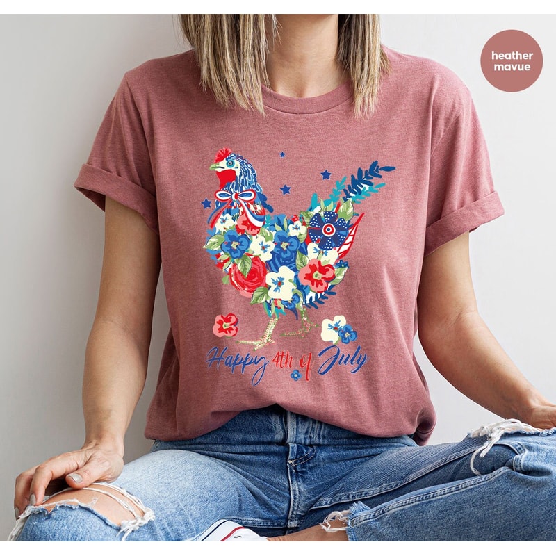 4th of July Chicken Shirt, Fourth of July T Shirt, Floral Chicken Graphic Tees, America Vneck Tshirts, Patriotic Mom Shirt, Gift for Her - 6.jpg