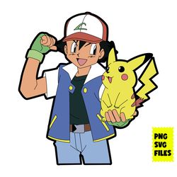 pikachu and satoshi svg, satoshi svg, pikachu svg, pokemon svg, pokemon characters svg, cartoon svg, png digital file
