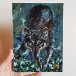 Original Small Oil Painting Dark picture wolf
