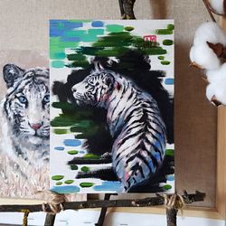 Original Small Oil Painting white tiger