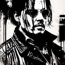Portrait of Johnny Depp, Black and White, Ink-Bleed Style