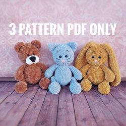 Set 3 Crochet Bunny, bear and cat toy pattern, Amigurumi Patterns, seamless crocheted kitten instructions, baby shower