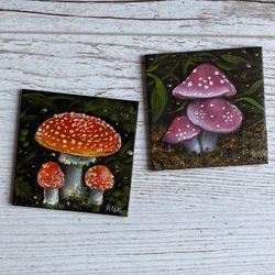 Mushroom Small Oil Painting On Canvas Magnet, Original Small Canvas Magnet, Amanita Art, Hand Painted Magnet Mushrooms