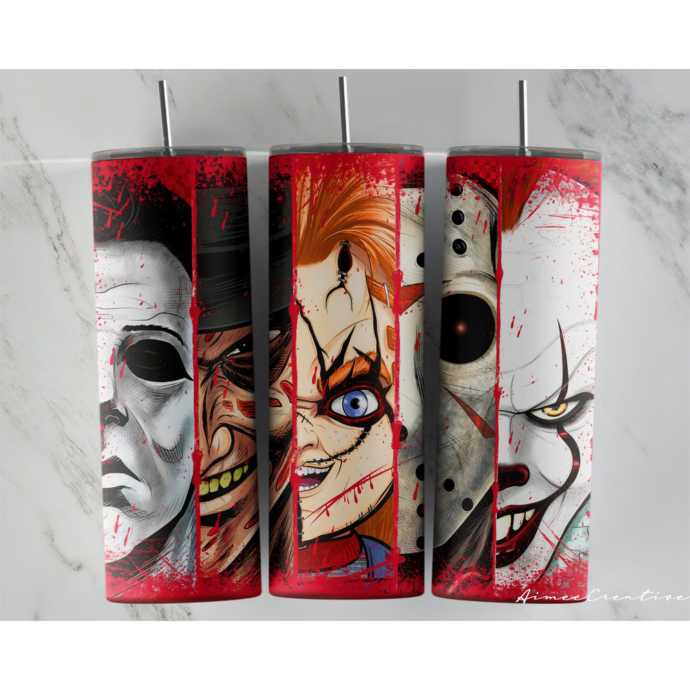 Horror Characters Halloween 20oz Skinny Tumbler Design, Halloween Sublimation Tumbler Wrap, Straight and Tapered PNG Files, Instant Download-1.jpg