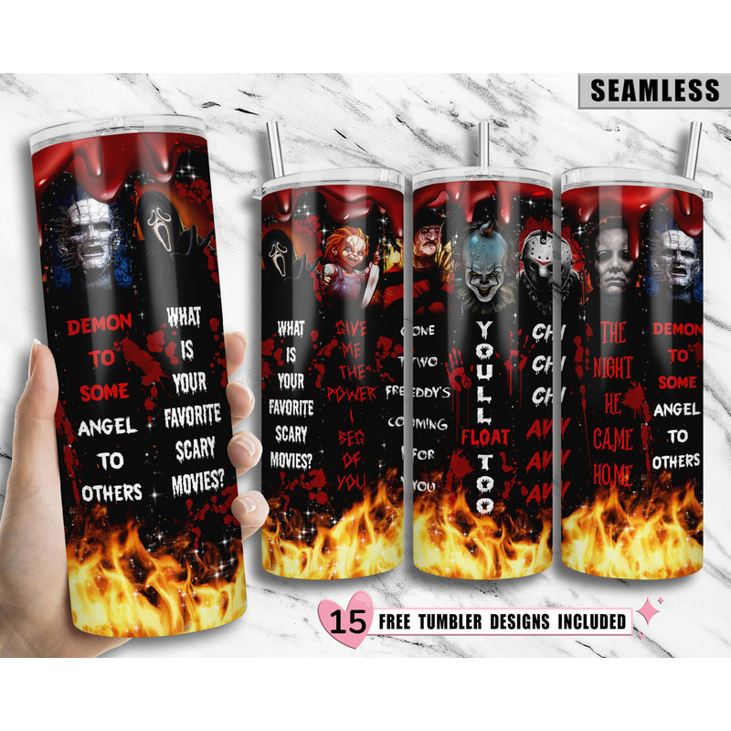 Horror Characters Tumbler PNG, Halloween Horror Movie Killers Tumbler Design, 20oz skinny tumbler sublimation wrap, scary movie tumbler wrap.jpg