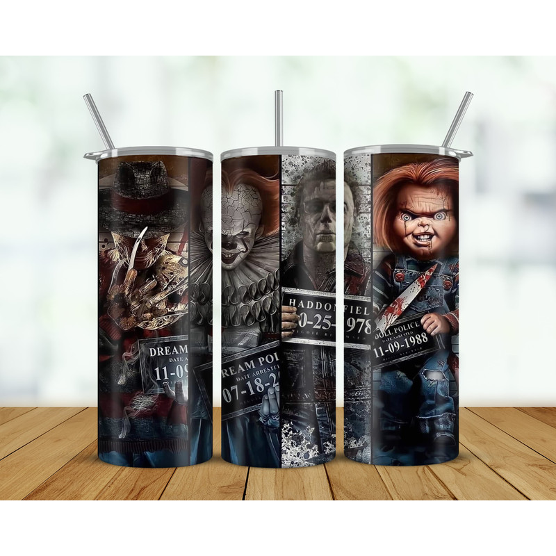 Scary Movie 20 oz Tumbler, Horror tumbler, Halloween Tumbler, killer mugshots, chucky, pennywise, Freddy Krueger, Michael Meyers.jpg