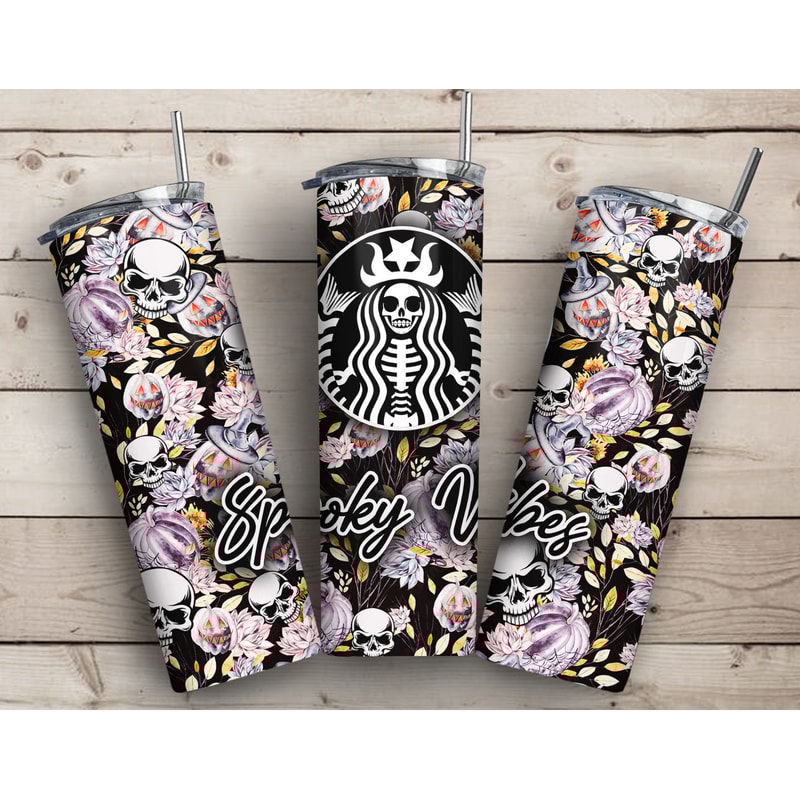 Spooky Vibes Tumbler PNG, Skull Flower Sublimation Design, 20 oz Skinny Tumbler, Halloween Tumbler Wrap PNG File.jpg