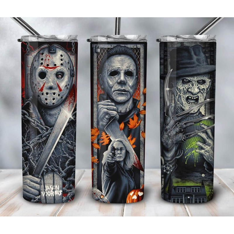 Freddy Krueger, Michael Myers, Jason voorhees, halloween scary tumbler, halloween movie characters, horror movies halloween cup, 20oz.jpg
