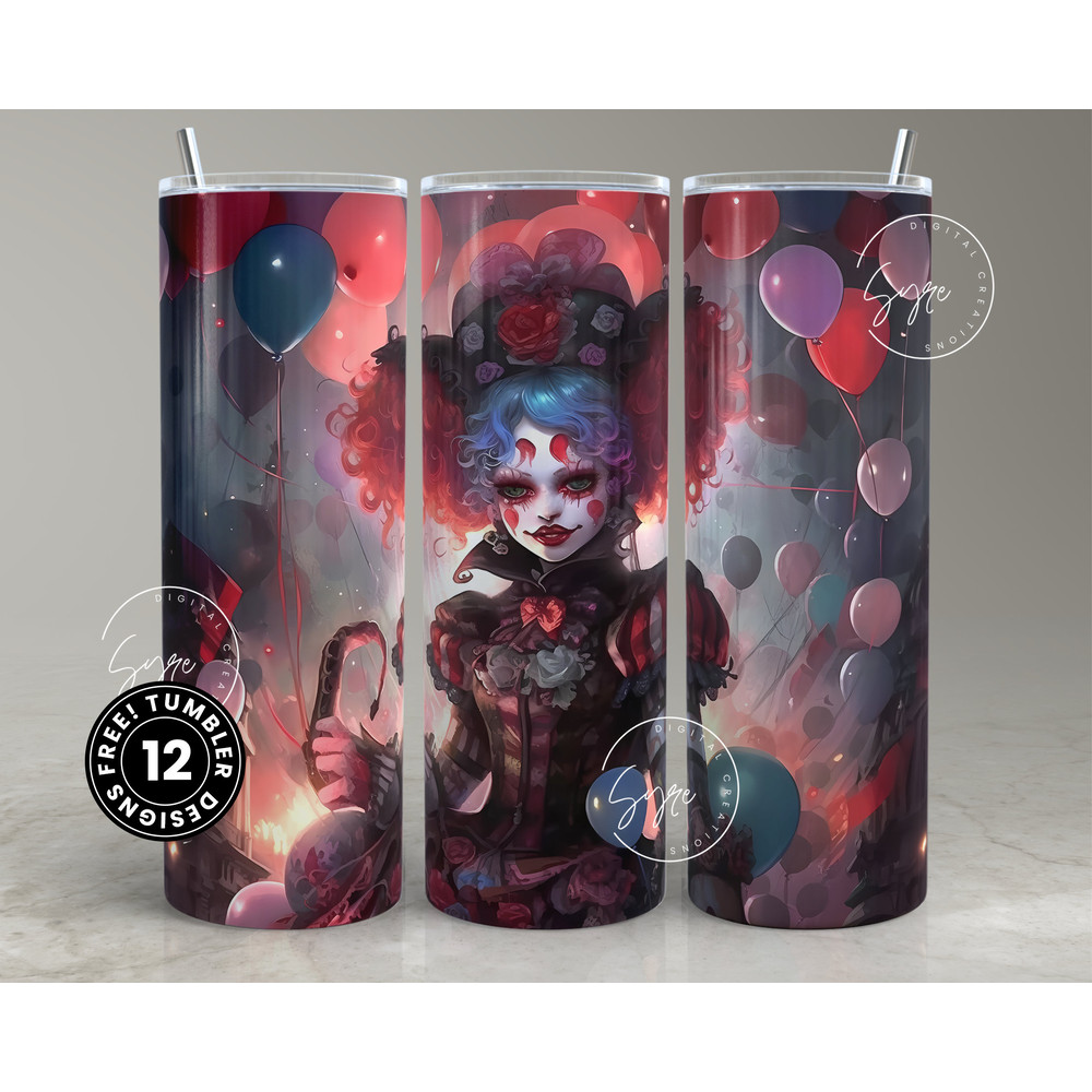 Halloween Tumbler, Clown with Balloons, Spooky Tumbler Wrap, 20oz Skinny Tumbler, Seamless Sublimation PNG, Horror Tumbler, Digital Download-1.jpg