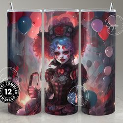 horror skinny tumbler, halloween clown balloons spooky 20oz skinny tumbler, seamless sublimation 30oz skinny tumbler