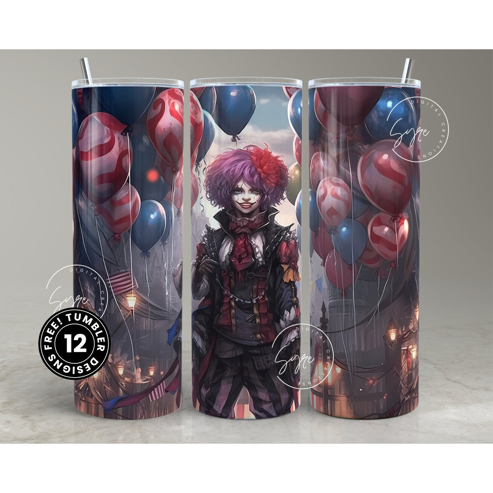 Halloween Tumbler, Clown with Balloons, Spooky Tumbler Wrap, 20oz Skinny Tumbler, Seamless Sublimation PNG, Horror Tumbler, Digital Download-2.jpg