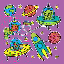 planets and residents space stickers vector illustration set