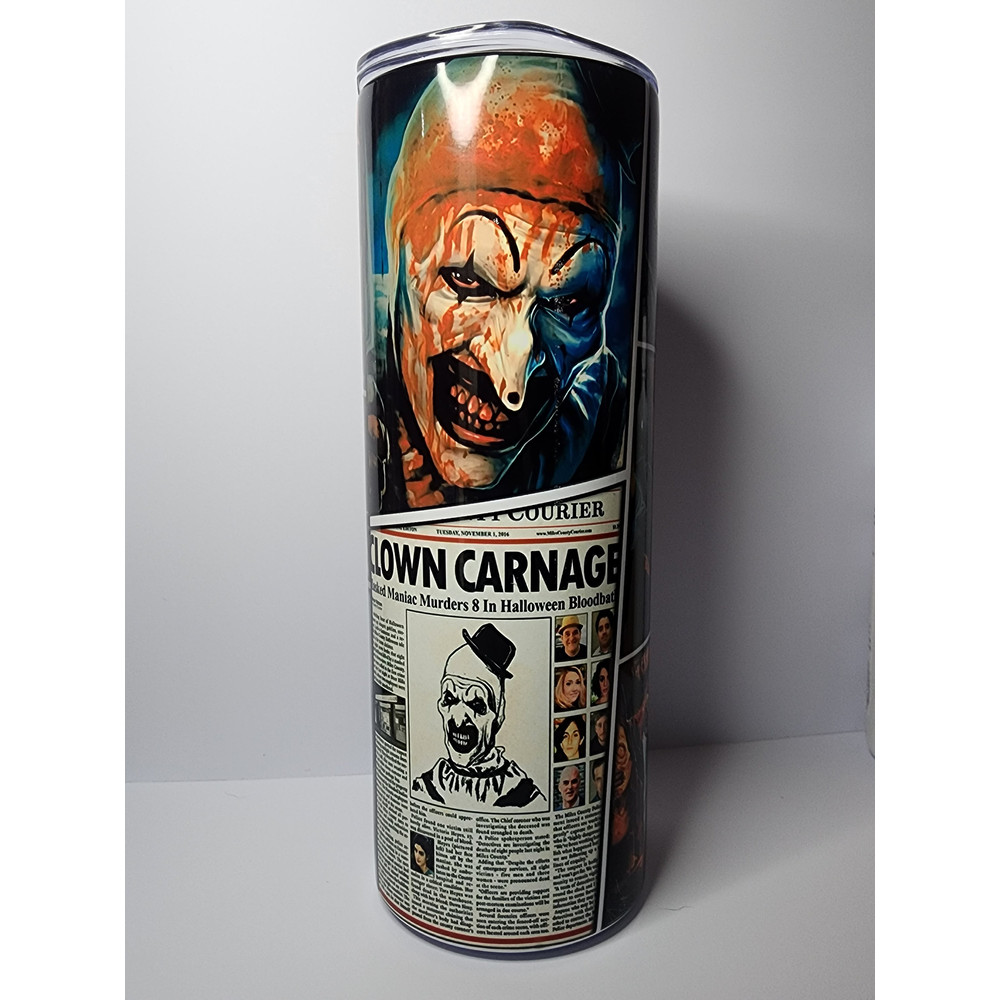 20oz Stainless Steel Tumbler, Horror Movies, Scary Movies, Slasher Movies, Halloween, Terrifying Clown, Bloody Clown, Gory Clown.jpg