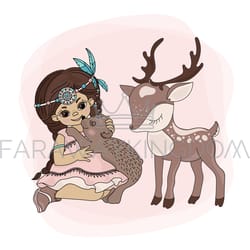 pocahontas animals indians girl pets vector illustration set