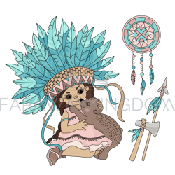 POCAHONTAS BEAR Indians Princess Girl Vector Illustration Set