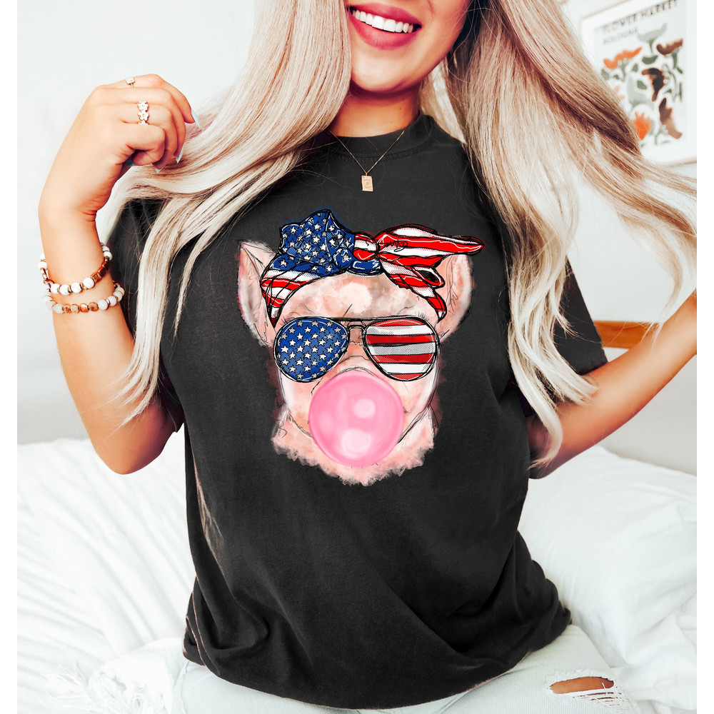 Retro Comfort Patriotic Pig Shirt, Bubble gum 4th of July Pig Shirt, Pig Sunglasses, Pig Bubblegum Bandana, 4th of July Gifts, Patriotic Tee - 1.jpg