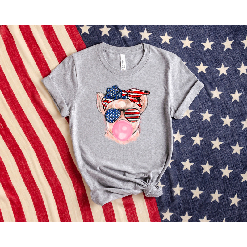 Retro Comfort Patriotic Pig Shirt, Bubble gum 4th of July Pig Shirt, Pig Sunglasses, Pig Bubblegum Bandana, 4th of July Gifts, Patriotic Tee - 3.jpg