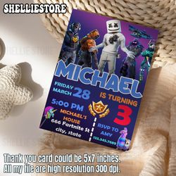 editable fort birthday party invitation, video game birthday party invitation, gamer birthday party invitation, size 5x7