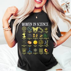 retro comfort woman in science shirt, girl scien