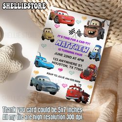editable cars, lightning mcqueen, mater, dusty, doc, finn, lil' dipper, luigi & guido birthday party invitation birthday