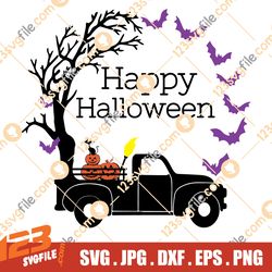 Happy Halloween SVG Cut File, Halloween Truck Svg, Fall Vintage Truck SVG, Fall SVG, Pumpkin svg, Bat svg, Halloween svg