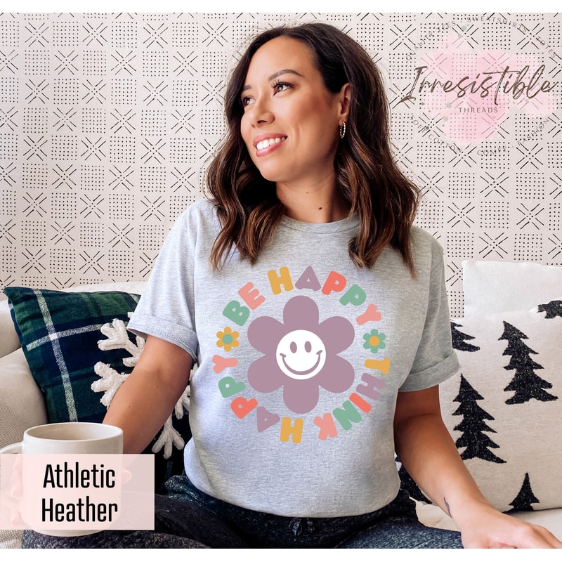 Be Happy Think Happy Shirt, Motivational Shirt, Inspirational T-Shirt, Retro Smiley Face Shirt, Mental Health Tee, Teacher Tee,Trendy Shirts - 5.jpg