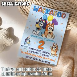 bluey birthday invitation, editable birthday invitation, wackadoo, canva template, bluey kids invite card, personalized