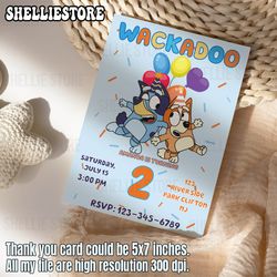 bluey birthday invitation, editable birthday invitation, wackadoo, canva template, bluey kids invite card, personalized