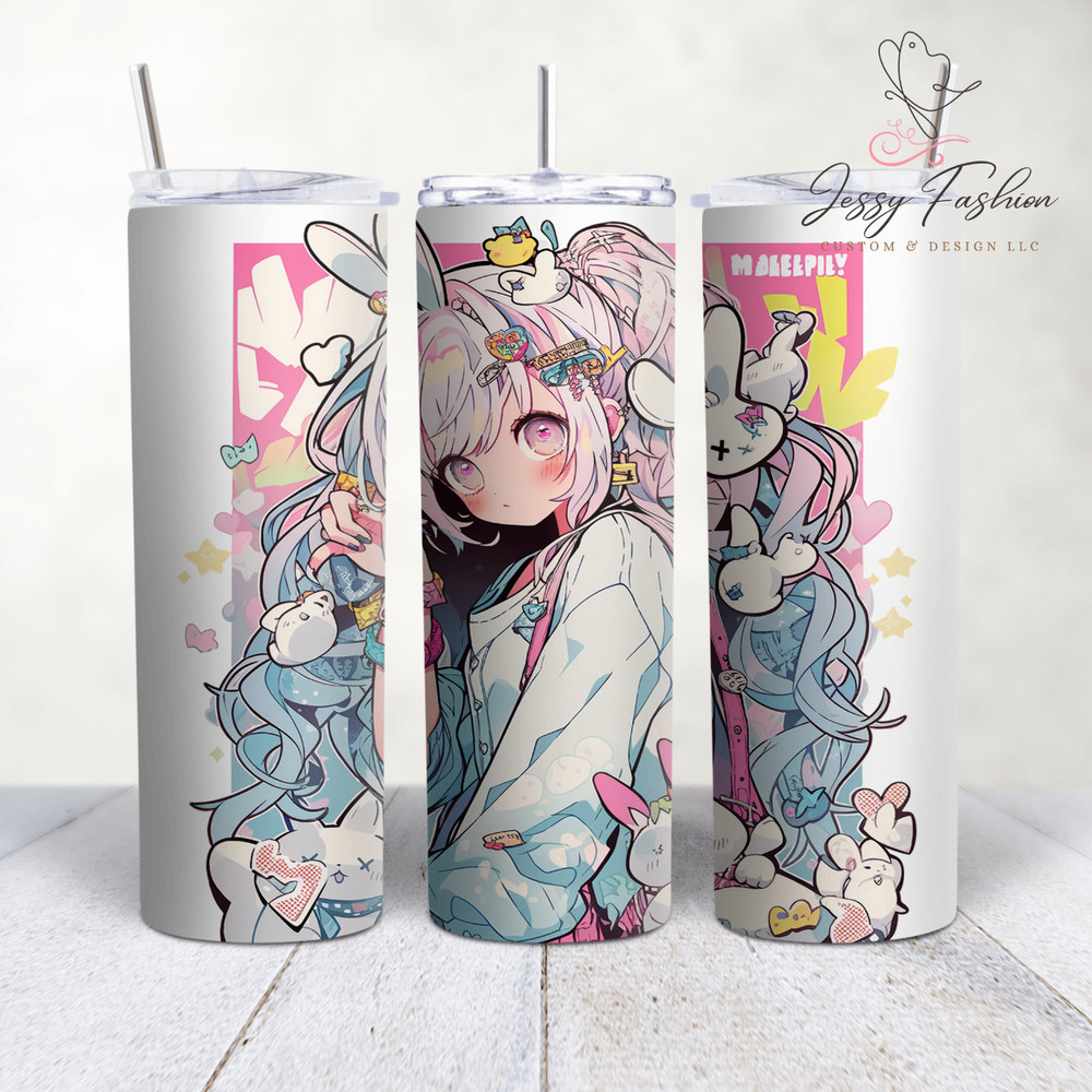 Anime pink hair girl tumbler cup, Anime girl skinny tumbler, Japan, Anime girl tumbler 20oz, Anime girl cup.jpg