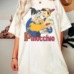 pinocchio vintage movie characters group shot, disney pinocchio geppetto tee, di