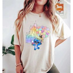 disney stitch watercolor castle comfort colors shirt, stitch balloons shirt, magic kingdom shirt, disney trip shirt, dis