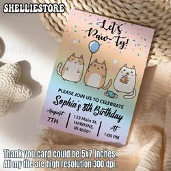 cat birthday invitation, cat theme birthday invitation, are you kitten me birthday, paw-ty birthday invite, rainbow