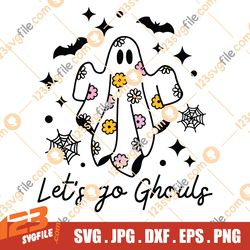 Let's Go Ghouls Svg Png, Spooky Season Svg, Daisy Svg, Floral Ghost Svg, Retro Halloween Svg, Png Sublimation Design,