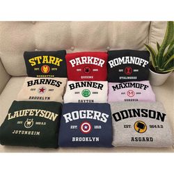marvel superhero team, avengers team sweatshirts, romanoff 1984, stark 1970, banner 1969, rogers 1917, maximoff 1989, mc