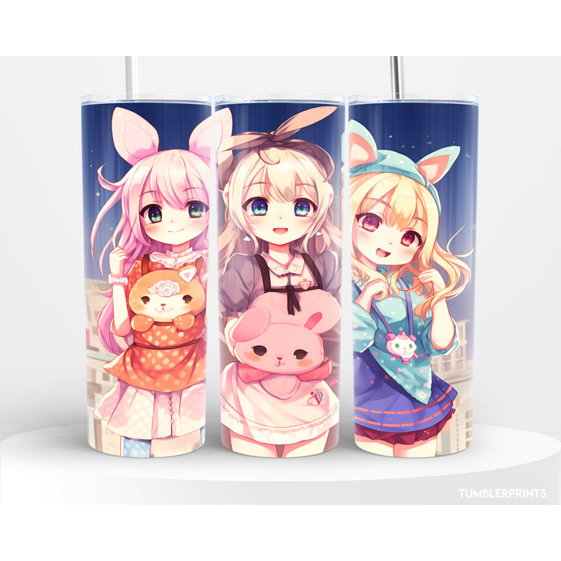 3 Anime girls, cool, kawaii, Japan, Super, music, pastel colours, sublimation wrap for Skinny 20oz tumblers, ART glowing DIY project, Fun.jpg