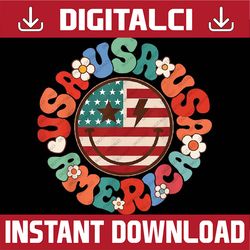 groovy usa american smile face floral us flag 4th of july png, boho usa girl png, retro america png, groovy usa png, dig
