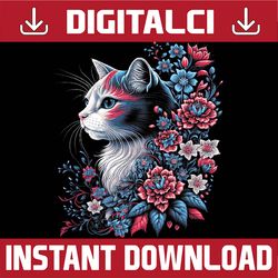floral cat - red white and blue 4th of july patriotic png, patriotic cat png for sublimation cat clipart animal png, ind