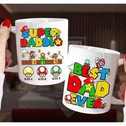 personalized funny super daddio mug, best dad ever gamer dad kid mug, daddy and me family mug, super mario father's day