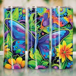 floral butterfly 20 oz skinny tumbler design, colorful flowers, colorful tumbler design sublimation template png, 20oz t