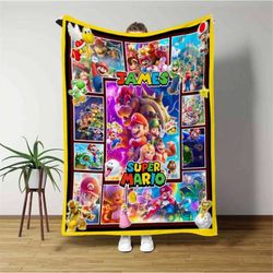 personalized super mario blanket, super mario movies birthday blanket, super mario characters velveteen blanket, birthda