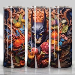 3d floral bat hero heart tumbler design png, 20 oz skinny tumbler design straight & tapered, 3d movie character tumbler