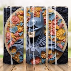 3d floral bat superhero tumbler sublimation design, 20 oz skinny tumbler design, 3d movie character tumbler design png,