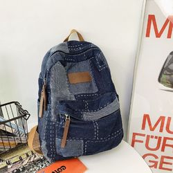 casual all-match denim stitching contrast color backpack fashion large-capacity student schoolbag