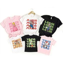 super mario characters shirt, super mario team group shirt, mario family birthday party outfits, super mario princess pe