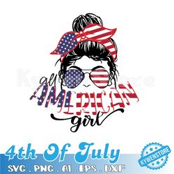all american girl png, fourth of july png, girl, woman, messy bun, mom bun, fourth of july, american, flag, digital