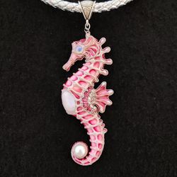 Seahorse necklace, Pink Seahorse, Pearl necklace, Seahorse jewelry