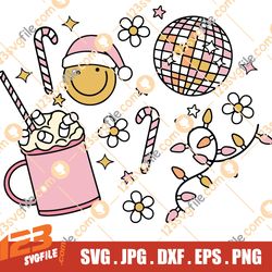 Groovy Christmas SVG, PNG, Sublimation File | Retro Smiley Face, Disco Ball, Trendy T-Shirt Design