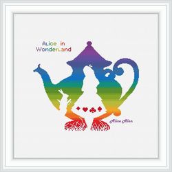 cross stitch pattern teapot alice in wonderland silhouette rainbow superhero tea kettle rabbit kitchen pdf